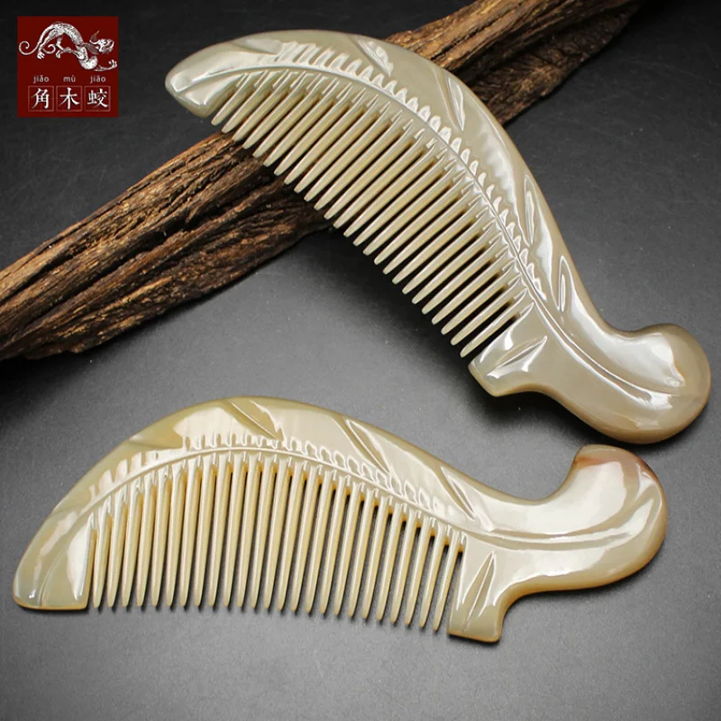 Hornwood yak horn comb, leaf-shaped carved small comb, massage hair comb