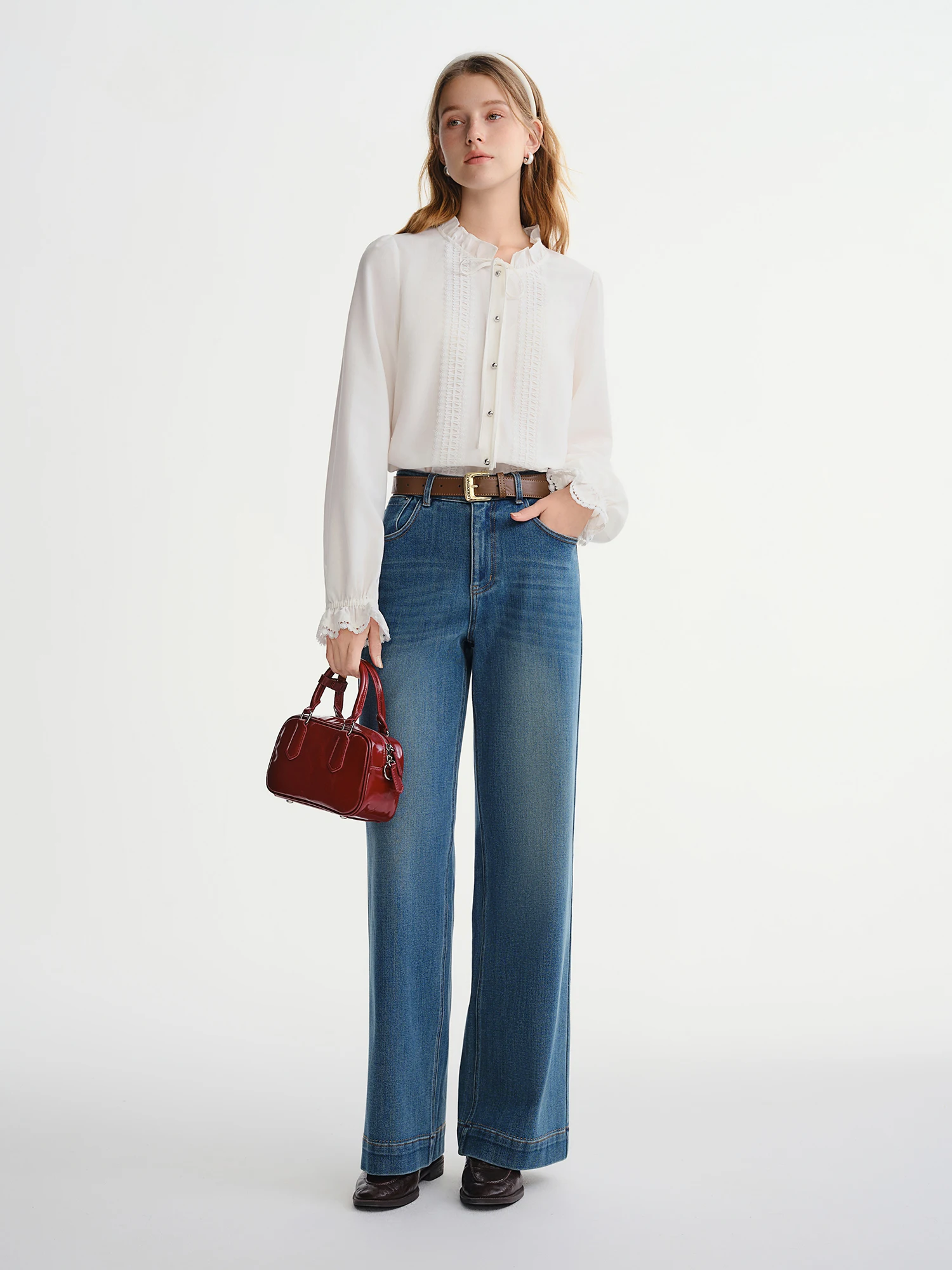 DUSHU Plus-size Women's Clothing Jasmine Tale French-style Wooden Collar Stay Tie-front White Shirt Winter 2025 New Slimming Top