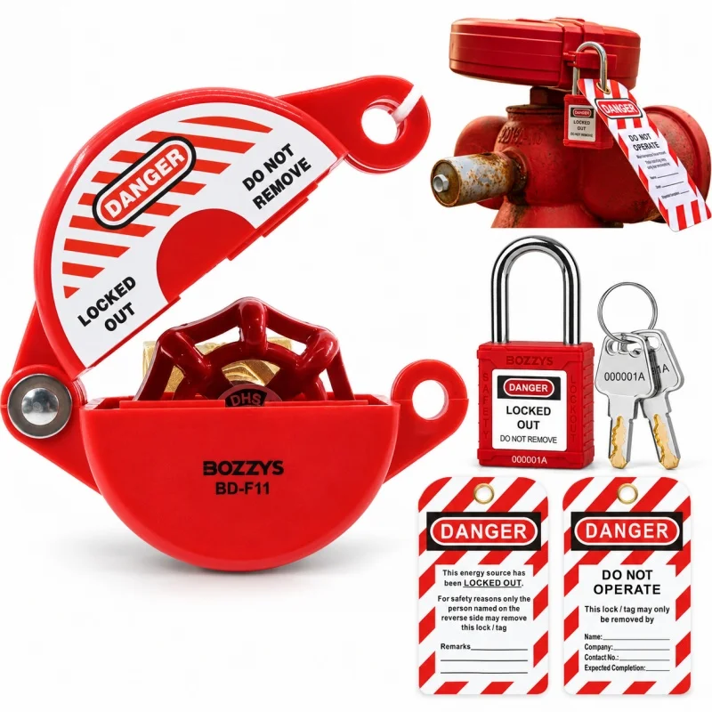 Red Hose Bib Faucet Spigot Lockout with Warning Danger Label & Padlock, Gate Valve Lock, Outdoor Security Lock for Water Valve