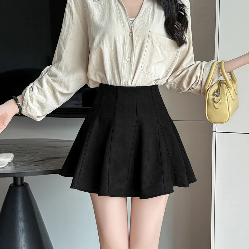 세울리쉬 하이웨이스트 빈티지 벨벳 플리츠 여성 A라인 스커트 2025 신상 가을 겨울 한국 스케이터 케이크 미니스커트 여성용