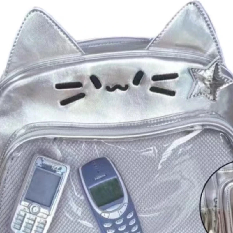 Y2k-mochila de gato plateado Vintage para mujer, bolso escolar para adolescentes, mochilas dulces para niñas, bolsos de axila de hombro para estudiantes, Japón coreano