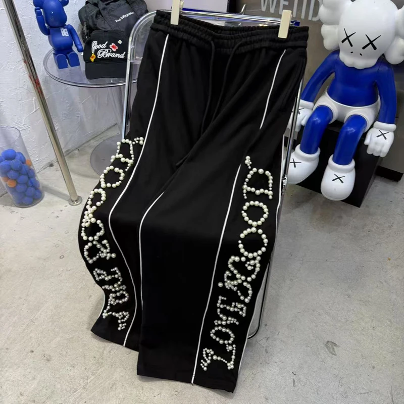 

Новинка 2024, мужские и женские пары, повседневные черные повседневные брюки Good Brand, американские уличные модные брюки с жемчужными буквами LOVEISGOOD Sweatp