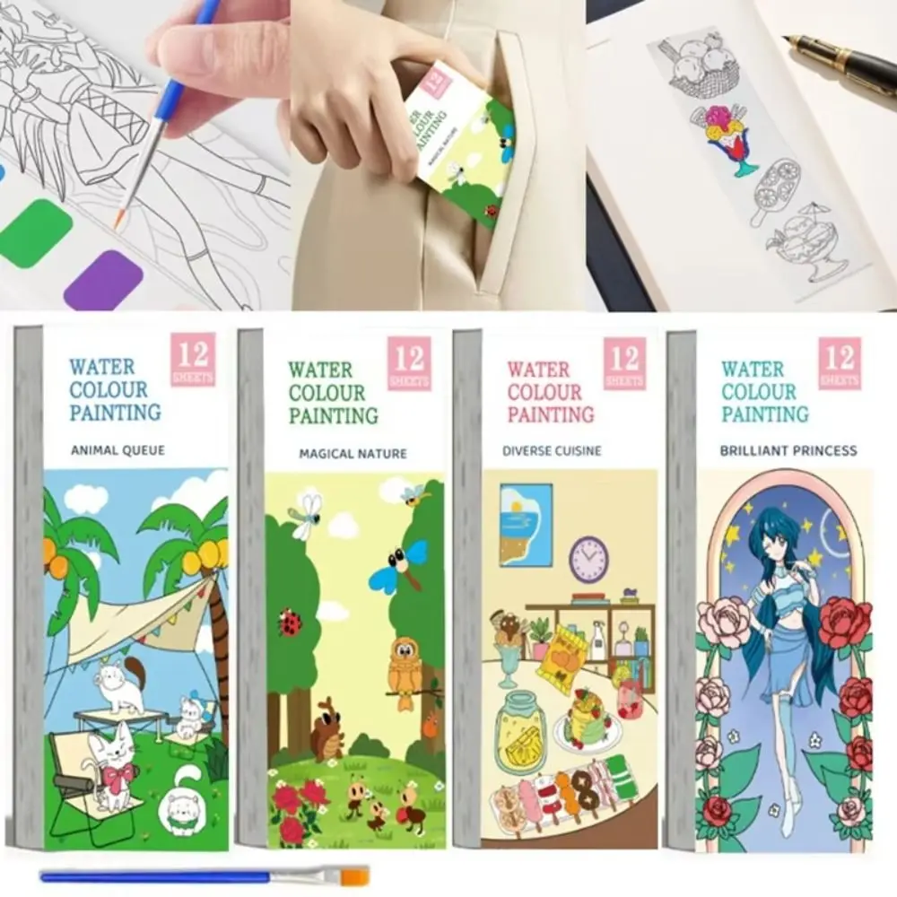 

12 Pages Watercolor Coloring Book With Painting Brush DIY Graffiti Doodle Book Handcrafted Portable Mini Paint Pad Children