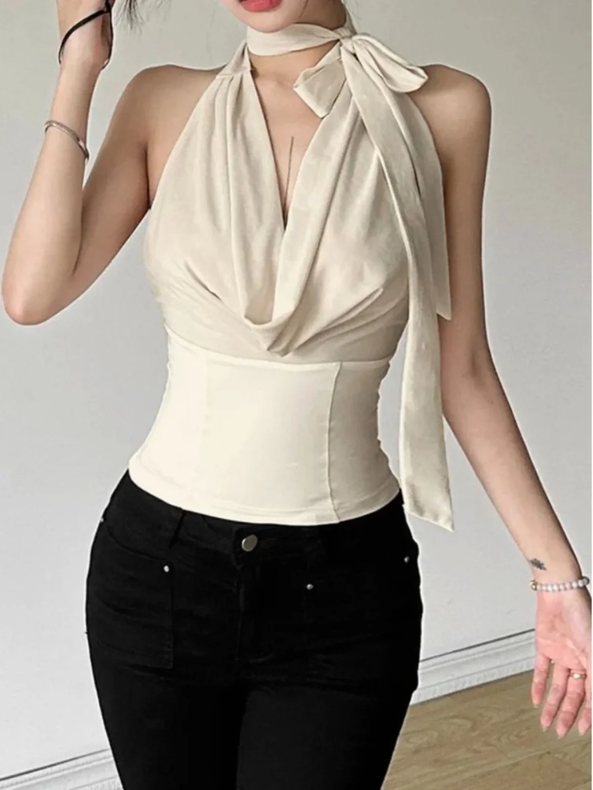 Pure Color Bal Rope Tied Ne Top Women's Street Sle Casual Breathable Polyester Fiber Spring Summer Outerwear