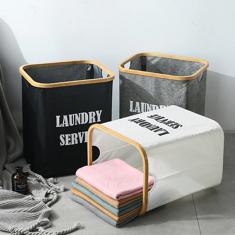 

61L Foldable Laundry Storage Basket Large Waterproof Clothes Organizer with Bamboo Handles Laundry Hamper for Home Storage