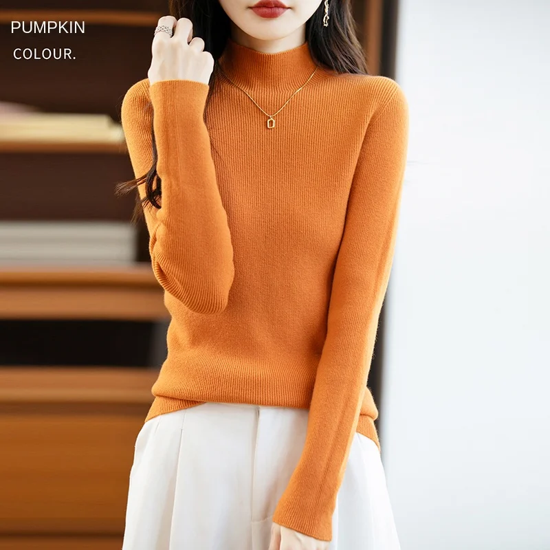 25 الخريف والشتاء جديد 100% آندي المخملية محبوك نصف الارتفاع سليم صالح رداء علوي من الصوف للنساء بأكمام طويلة الدافئة عالية تمتد