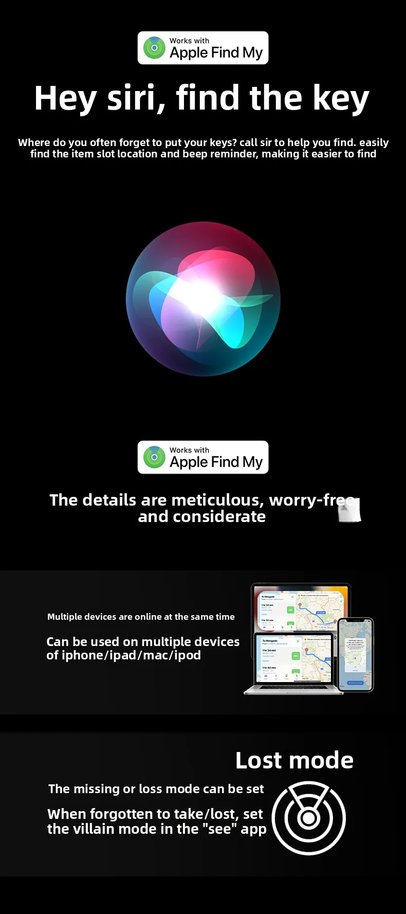 Smart Mini Tag Bluetooth Pet Tracker Works with Apple Find My (iOS Only) Item GPS Locator for Key, Luggage, Backpack Anti-Loss