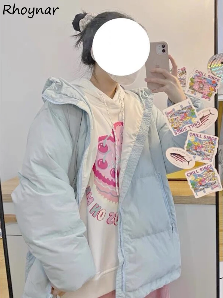 Parki z kapturem damskie luźne niebieskie słodkie w stylu preppy proste grube zimowe ciepłe hipsterskie jednolite z długim rękawem odzież moda koreańska popularne