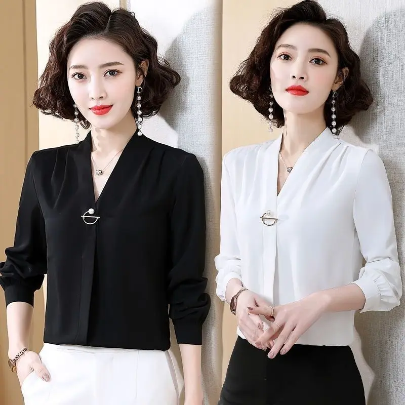 Abbigliamento da lavoro lungo in chiffon Sve V-Ne da donna Base irt Primavera Autunno Nuovo coreano Sle Versatile abbigliamento professionale di grandi dimensioni