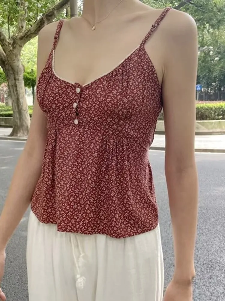 Casual Women Floral Print Button Tank Tops Summer Sexy V Neck Cotton Ruffles Crop Top Female Vintage Sleeveless Camis Vests