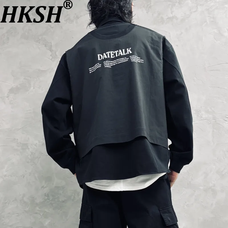 

HKSH Men's Tide High Sense Patchwork Sweatshirt Chic Ins Letters Print Fake Two-piece Cardigan Punk Versatile Top Shirts HK12788