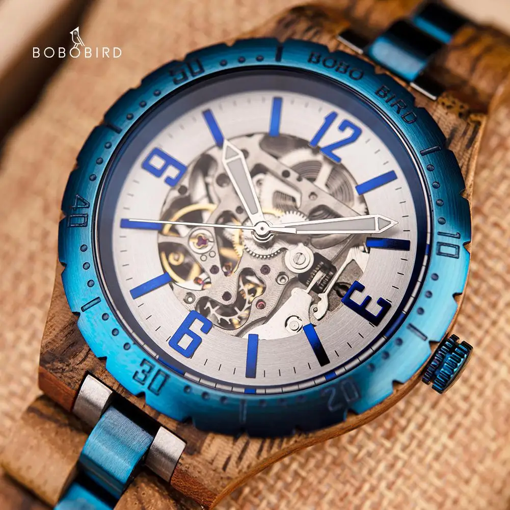 Reloj mecánico para hombre BOBO BIRD, nombre personalizado, carcasa trasera, texto, reloj de pulsera de madera azul de negocios, movimiento mecánico de calidad, regalo