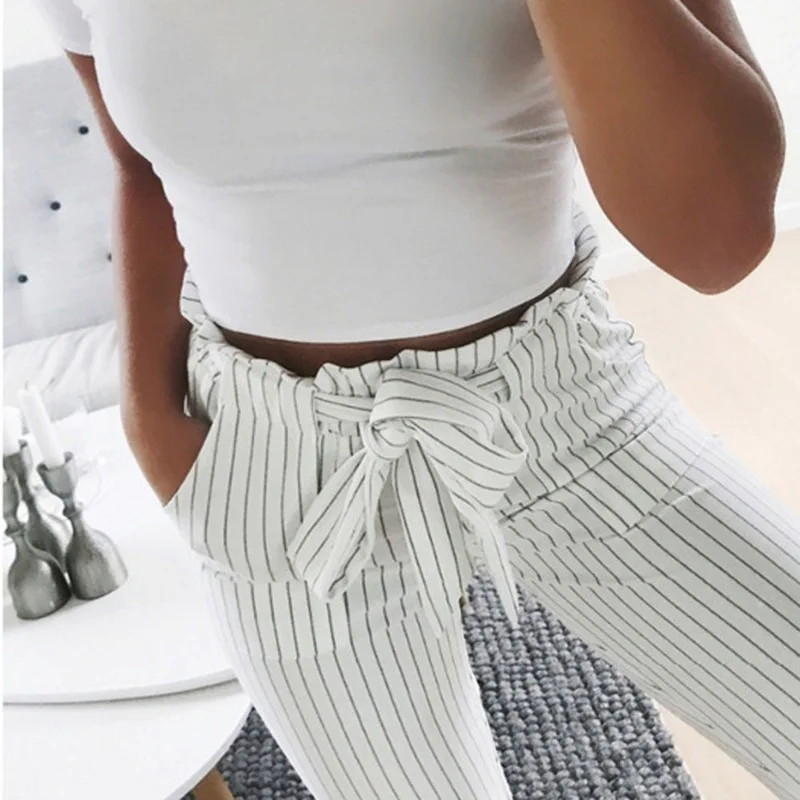Pantalones de vendaje para mujer, pantalón Harem de cintura alta con lazo, cintura elástica a rayas, estilo informal, Harajuku, verano, 2024