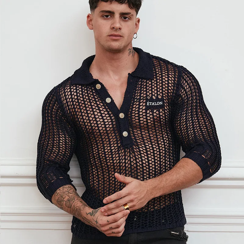 

Sexy Hollow Men's Knitted Sweater New Tight Casual Slim Trend Long-sleeved T-shirt