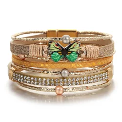 ALLYES Elegant Butterfly Beaded Leather Bracelet for Women Boho Glitter Rhinestone Multilayer Wrap Wide Bracelets Party Jewelry