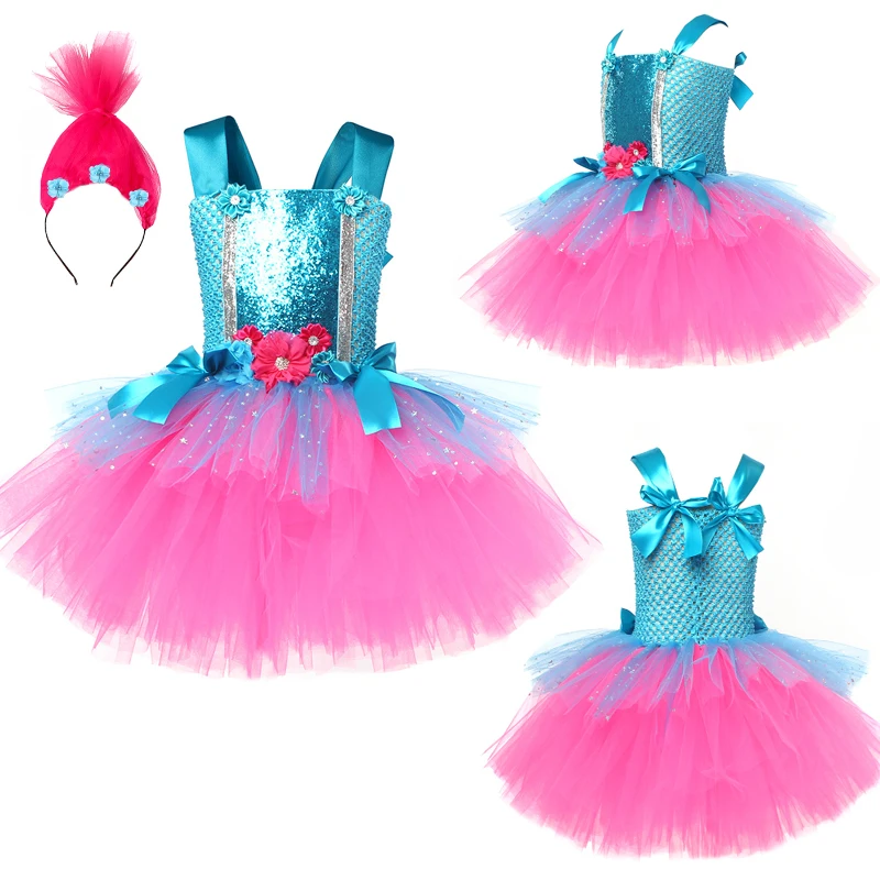 New Girls Poppy Costume Kids Halloween Birthday Party Anime Magic Fairy Cosplay Dress with Wig Children Elves Princess Dresses