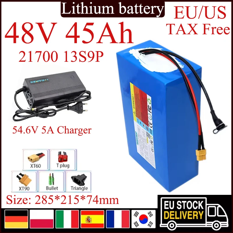 NEW 48V 45ah 13S9P 21700 lithium battery built-in Bms for 0-2500W high-power electric motor  power spare tools+5A Charger