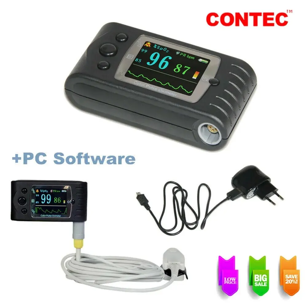 CONTEC Finger Pulse Oximeter 24h Sleep Blood Oxygen Heart Rate Monitor SpO2 PR Alarm With Adult Probe, PC Software CMS60C