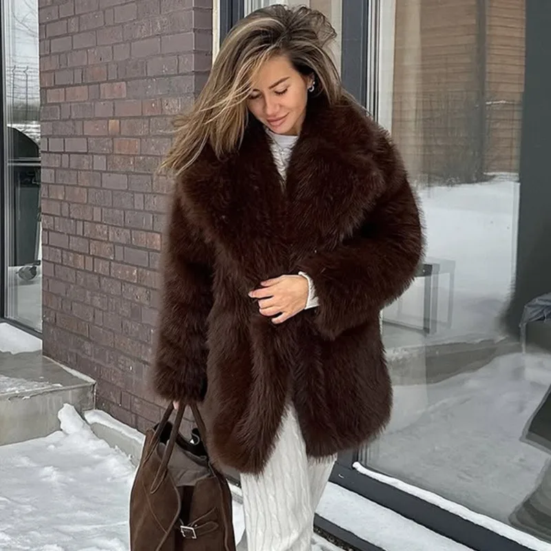 

Tuularose Women's Winter Fur Coats Vintage Brown Thickened Warm Loose Fluffy Fur Jacket Elegant Lapel Casual Chic Female Outwear