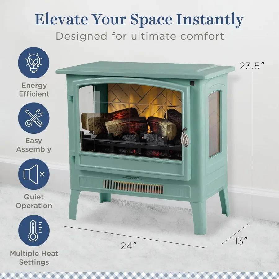Infrared Freestanding Electric Fireplace Stove Heater in Mineral Blue with Metal Design and Faux Wooden Logs Multiple Flame Col