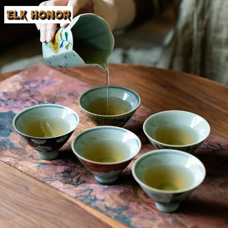 80 مللي النقي رسمت باليد كوب شاي بالأعشاب المزهرة الجليد الكراك الصقيل كوب رئيسي وعاء الشاي الشخصي المرأة تذوق مخروط كوب الكونغ فو Teaware 1 قطعة