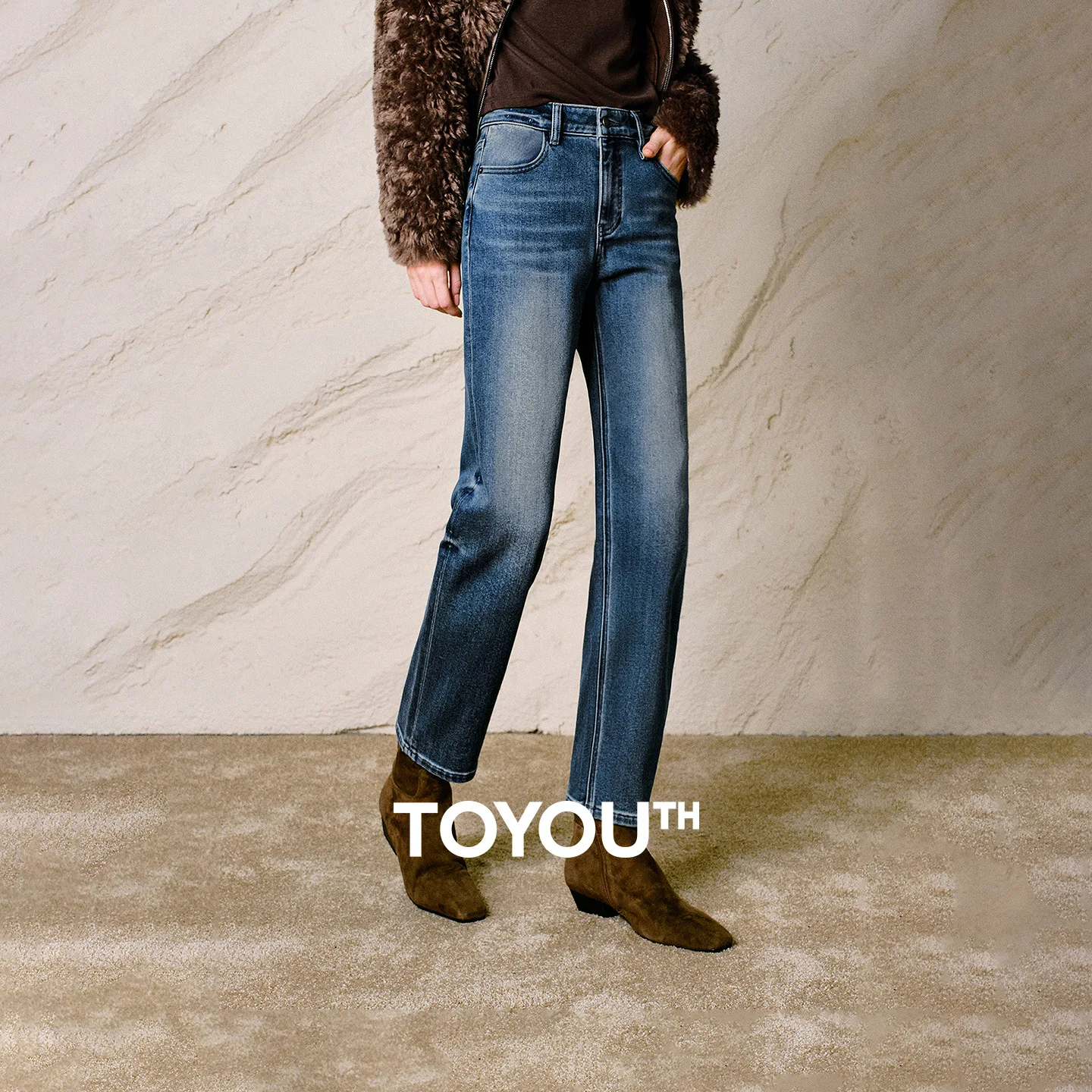 TOYOUTH Women Jeans 2026 Winter New Dralon Brushed Warm Elastic Cropped Straight Retro Pants
