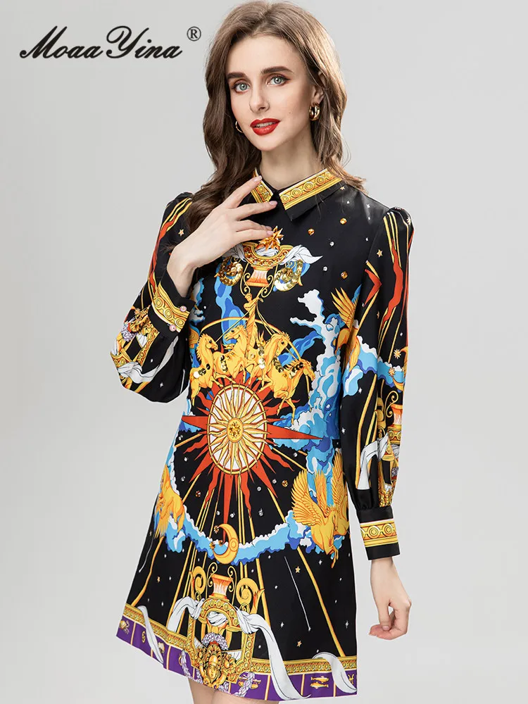 

MoaaYina Autumn Fashion Runway Luxury Print Party Dress Women Lapel Long Sleeve Diamond Beading Sequins Loose Casual Mini Dress