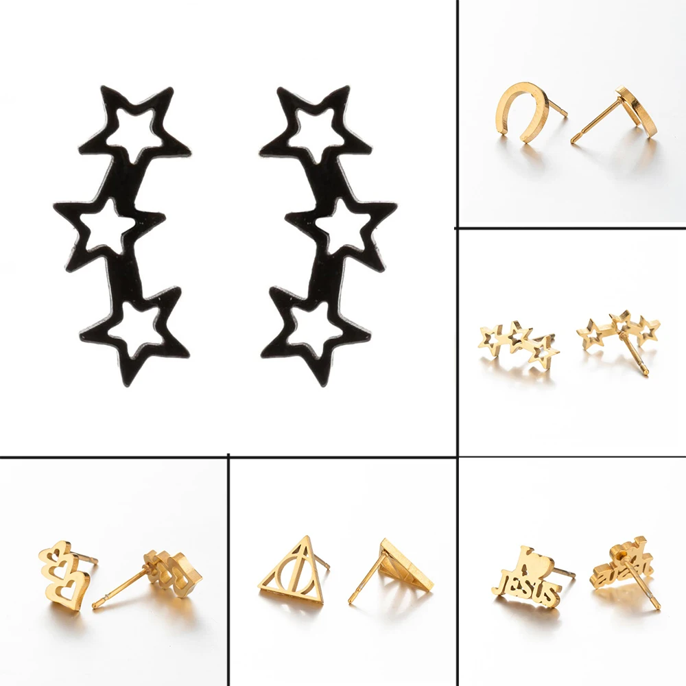 Simple Geometric Earring Couple Stainless Steel Jewelry Triangular Star Heart Pattern Cartilage Piercing Earring Accessories