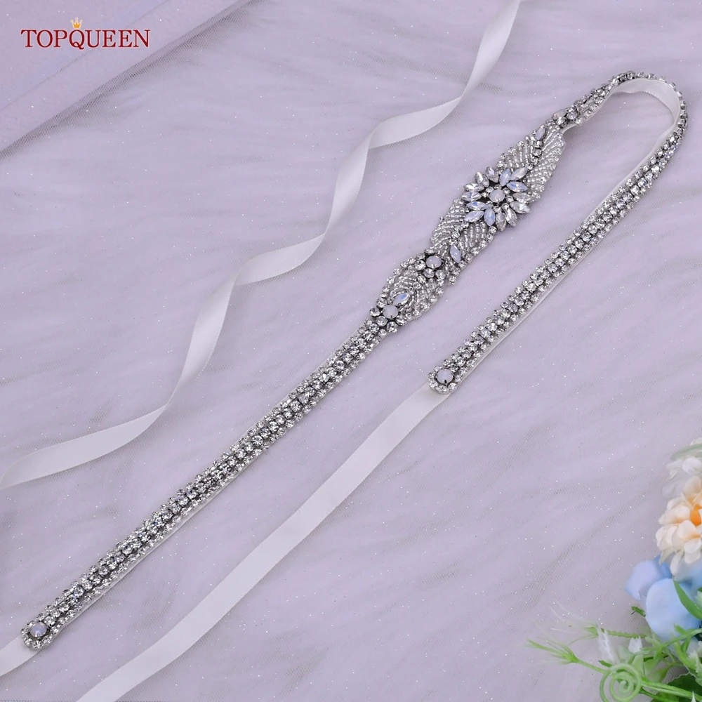 

TOPQUEEN S58 Thin Bridal Belt Silver Rhinestone Opal Applique Women Dress Sash Bridesmaid Wedding Accessories Caftan Belt