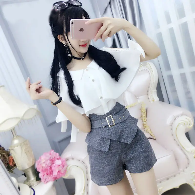 Women's Shirt White Collared Off Shoulder Chiffon Shirt, Gray Ruffled High Waisted Shorts, Women's Summer Fresh