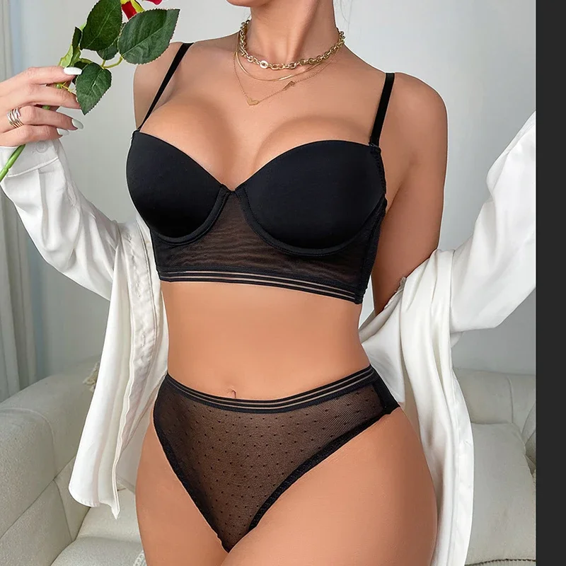 Гладкая тонкая чашка, большой бюстгальтер с открытой спиной и трусики, комплект нижнего белья, сетчатое лоскутное широкое сексуальное красивое женское белье для женщин, новинка 2023, новинка