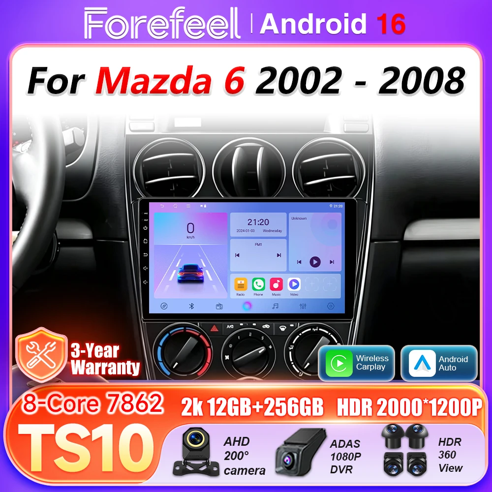 Android 16 Auto Carplay Car Radio For Mazda 6 2002 2003 2004 2005 2006 2007 2008 Multimedia Player GPS Navigation BT 5G Wifi DSP