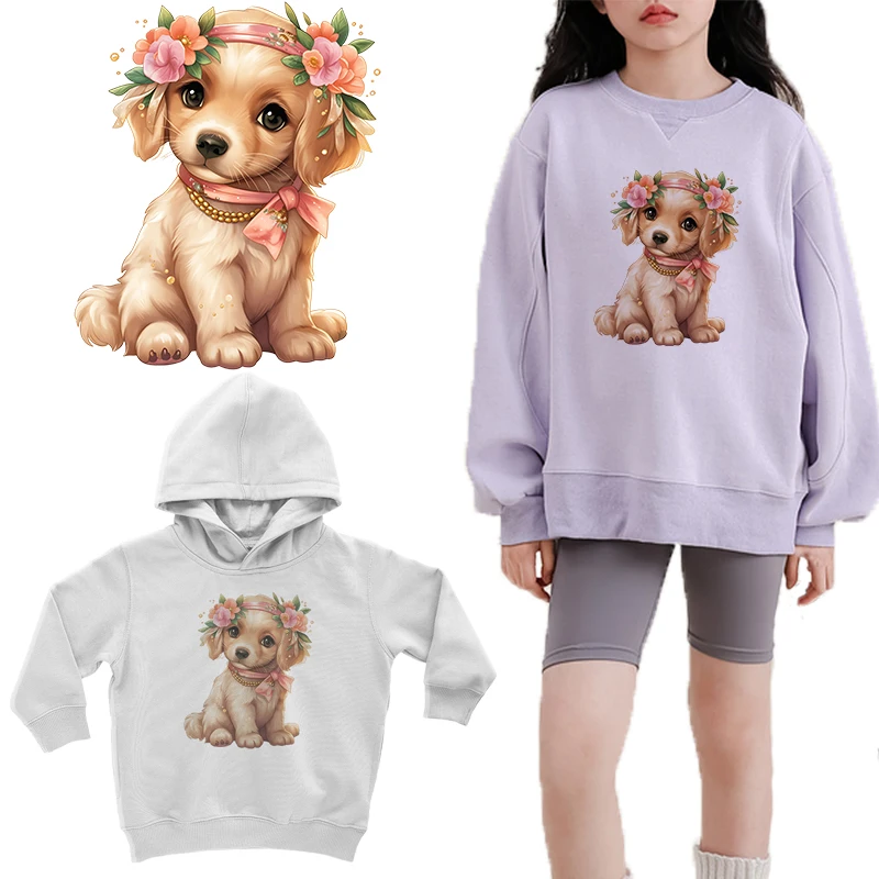 4pcs Cute little dog sister Iron on transfer for Children clothing rainbow dtf transfers ready to press Heat Transfer Printing