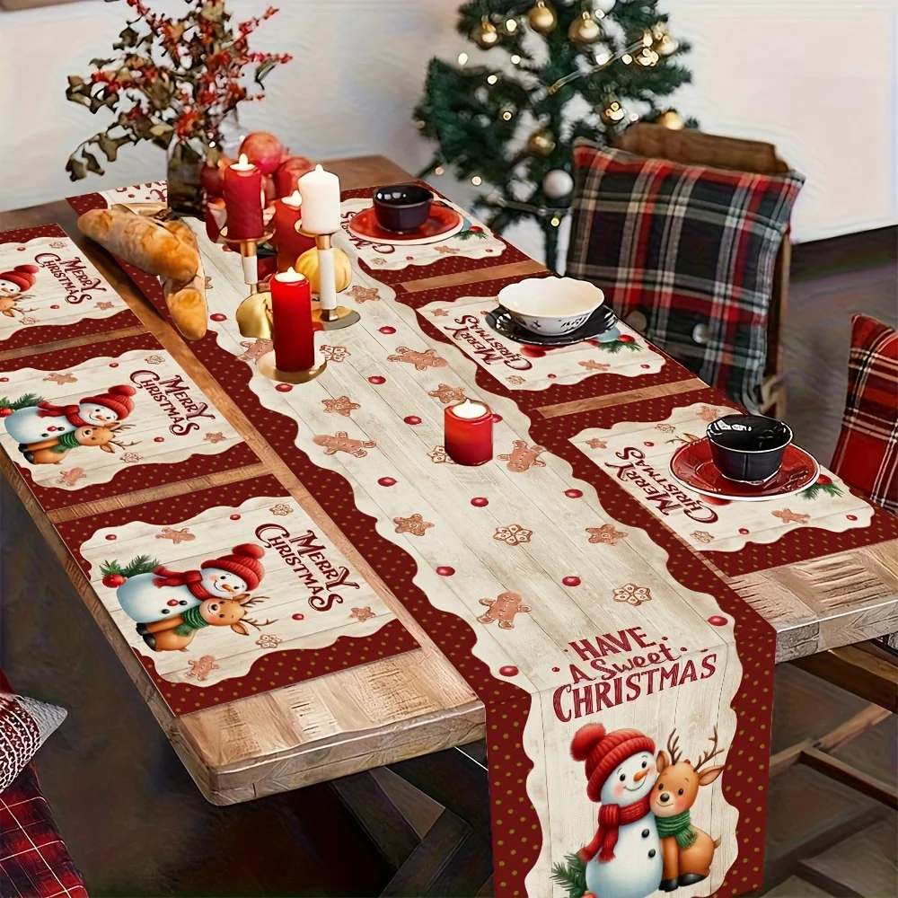 Christmas Gingerbread Snowman & Reindeer Table Runner and Placemats Red & White Fabric Holiday Table Decor Xmas Parties