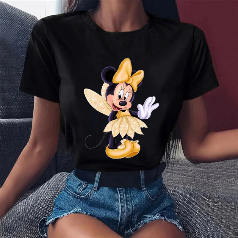 

Summer Disney Pink Minnie Mouse Printed T-shirt Women's Black Top Women's Short Sleeved Women's T-shirt Casual O-neck T-shirt
