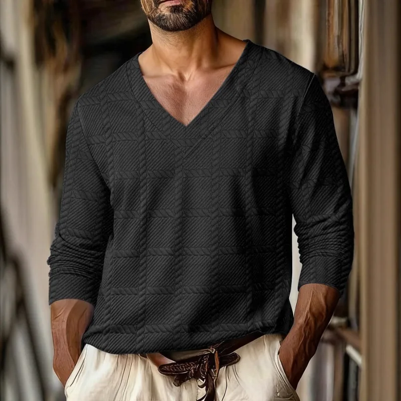T-shirt à manches longues pour hommes, motif écossais, tissu Jacquard, col en v, sport décontracté, épaules dénudées, nouvelle collection automne
