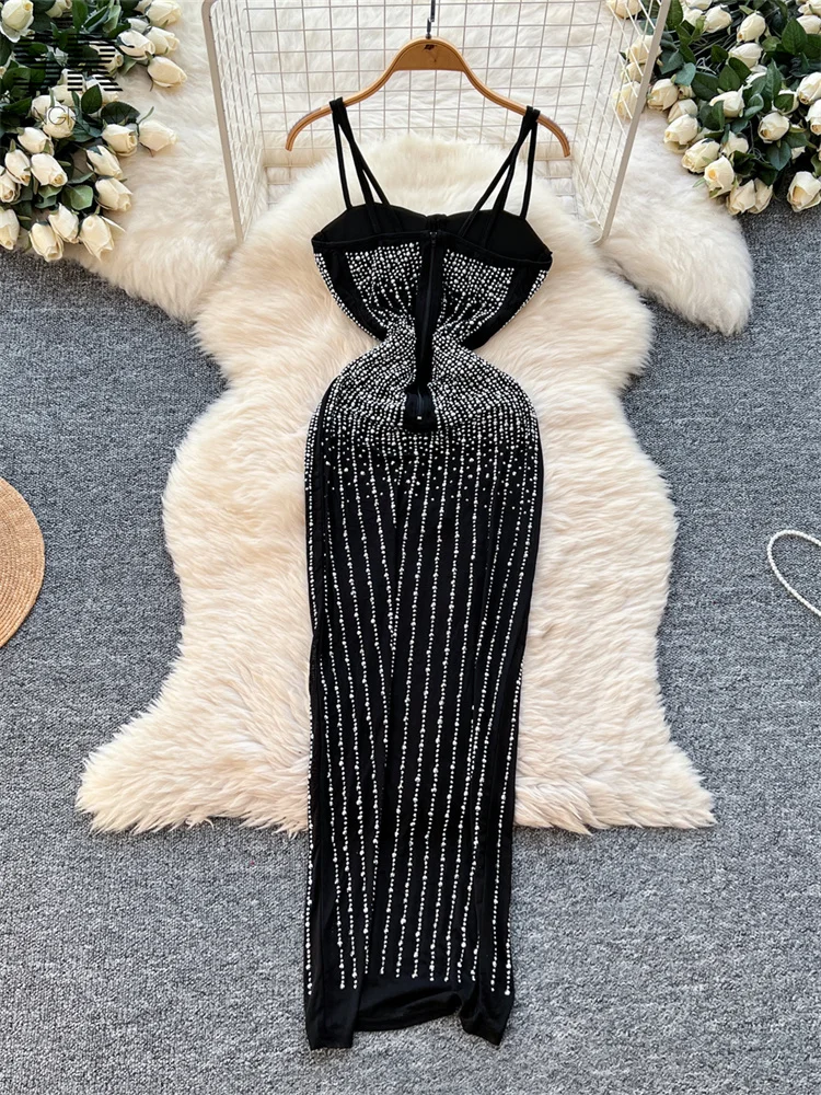 SINGREINY Women Elegant Beading Dress Woman Strapless Sleeveless High Quality Slim Zipper Design Luxury Party Evening Dresses