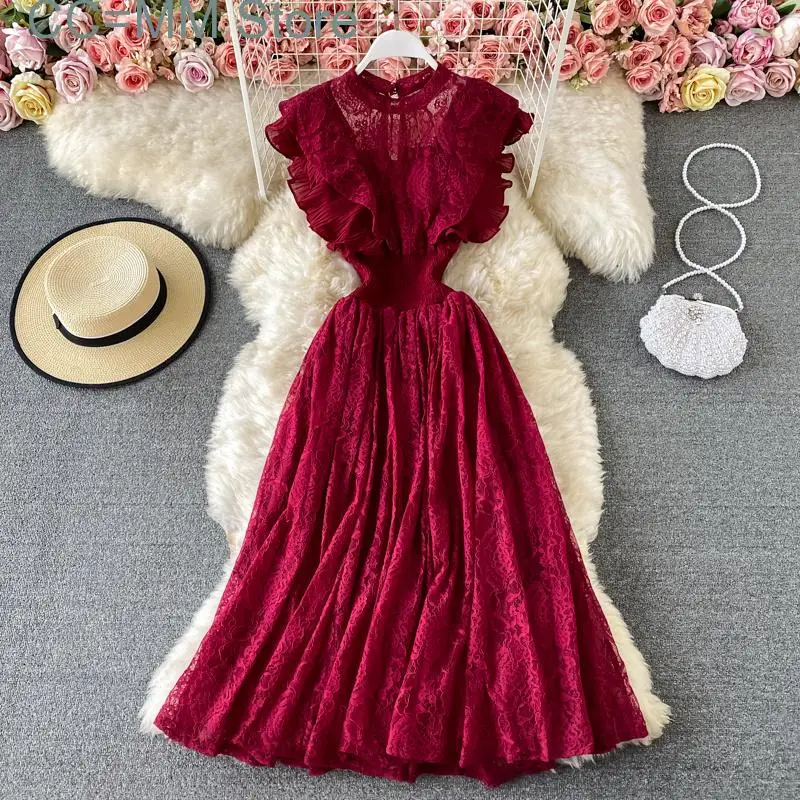 New Sweet Style Long Dresse for Women Lace Embroidery Ruffles O-Neck High Waist A-Line Dresses Spring Summer