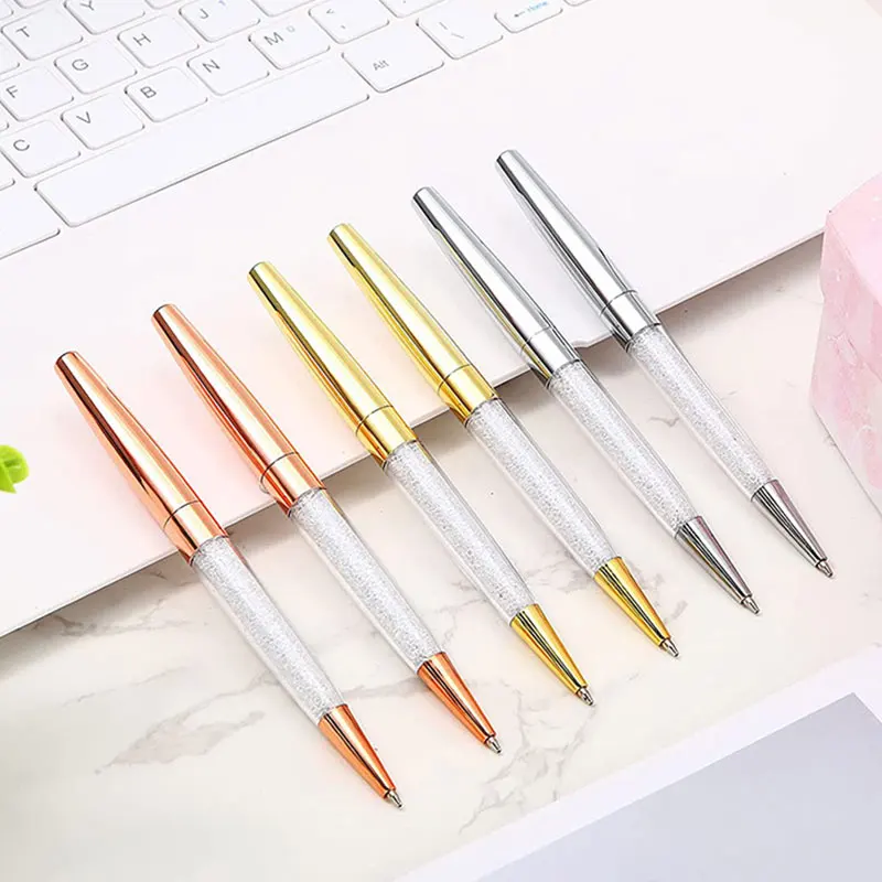 Rose Gold Pen Bling Diamond Pens Fine Black Ink Crystal Ballpoint Pen Ring Wedding Office Metal Roller Ball Pen Gift