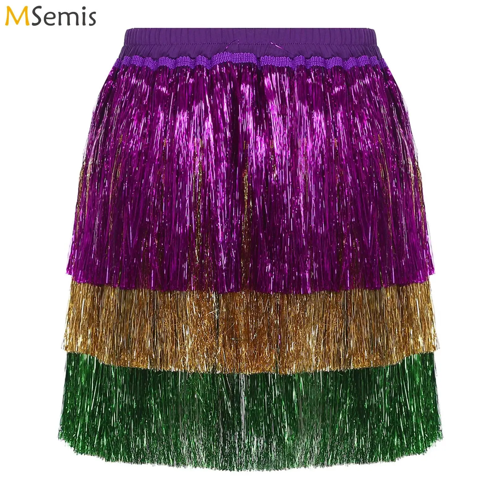 

Womens Shiny Metallic Shiny Fringed Miniskirt Tiered Tassel Elastic Waistband Skirt with Lining Dancewear for Samba Rumba Raves