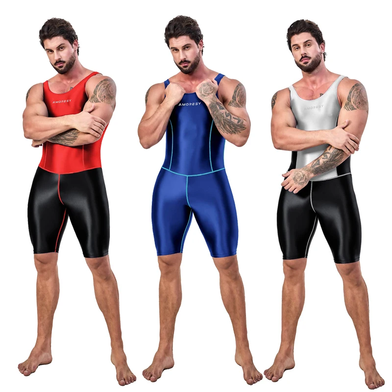 AMORESY Satin Glossy men Tight bodysuit color blocked vest cropped pants jumpsuit sport running fitness clothes Cycling Running
