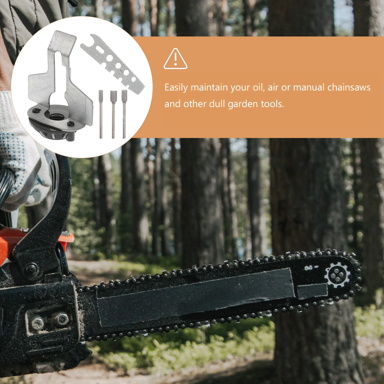 

Набор для заточки цепных пил: насадка для заточки, абразивный шлифовальный инструмент, металлическая рукоятка, стальные угловые направляющие, подходит для большинства лезвий цепных пил.