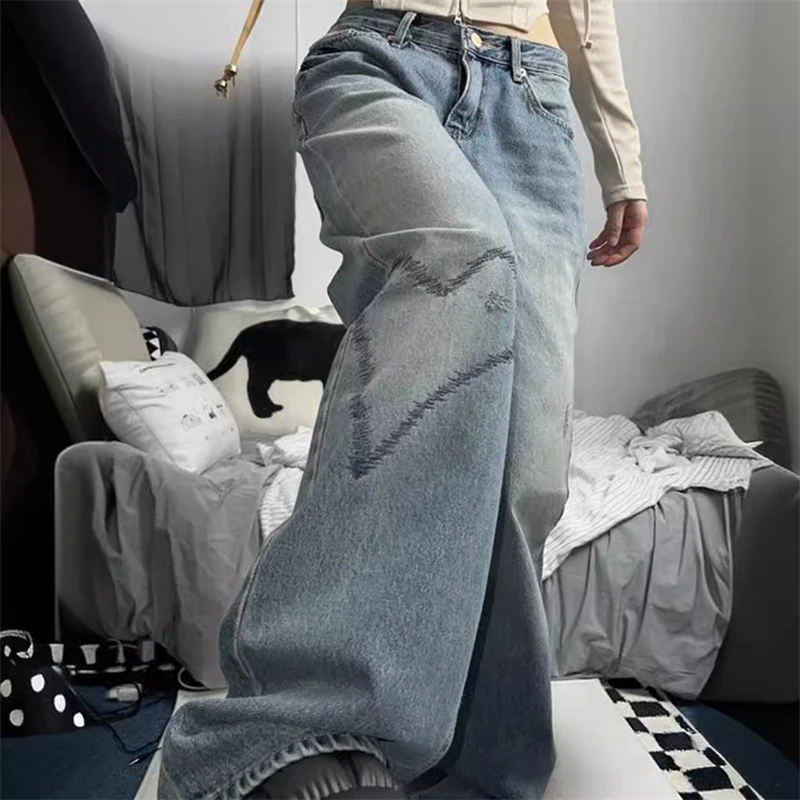 

Women Wide Leg Printed Vintage Loose Fit Jeans Fashion Casual High Waist Stretchy Pants For Women Daily Wear Trendy Streetwear
