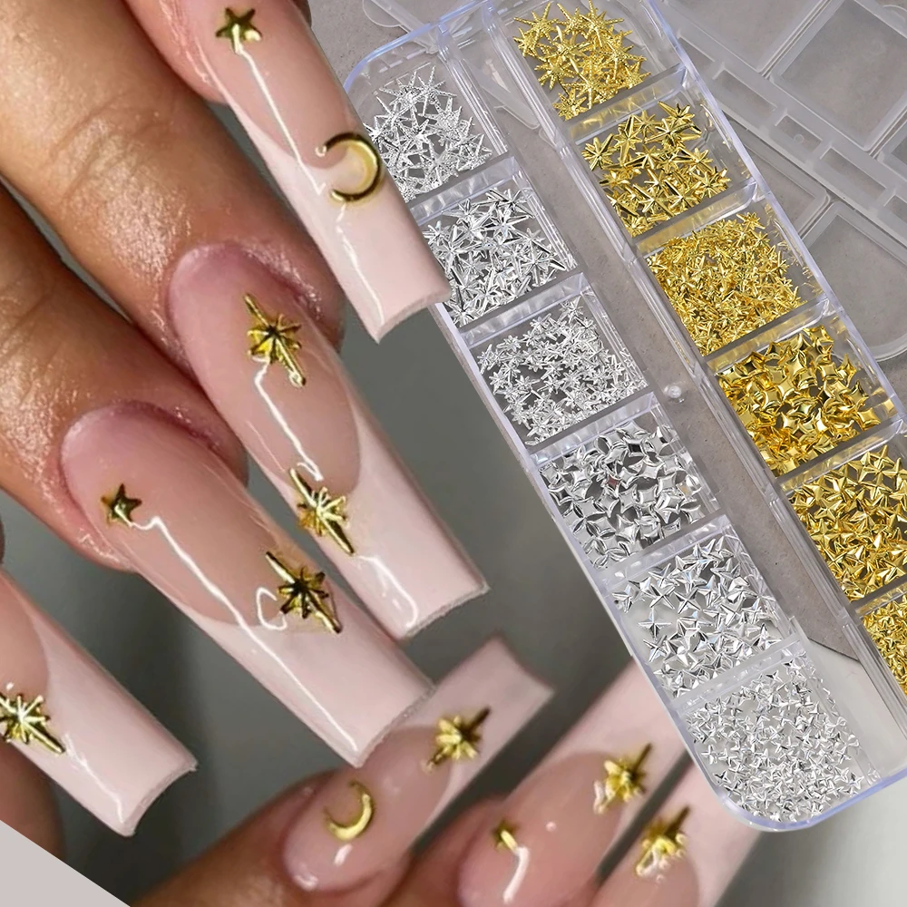 12 grilles alliage métal 3D étoile à quatre branches Nail Art bijoux Punk Mini or argent étoile Starlight décor ongles accessoires fournitures *
