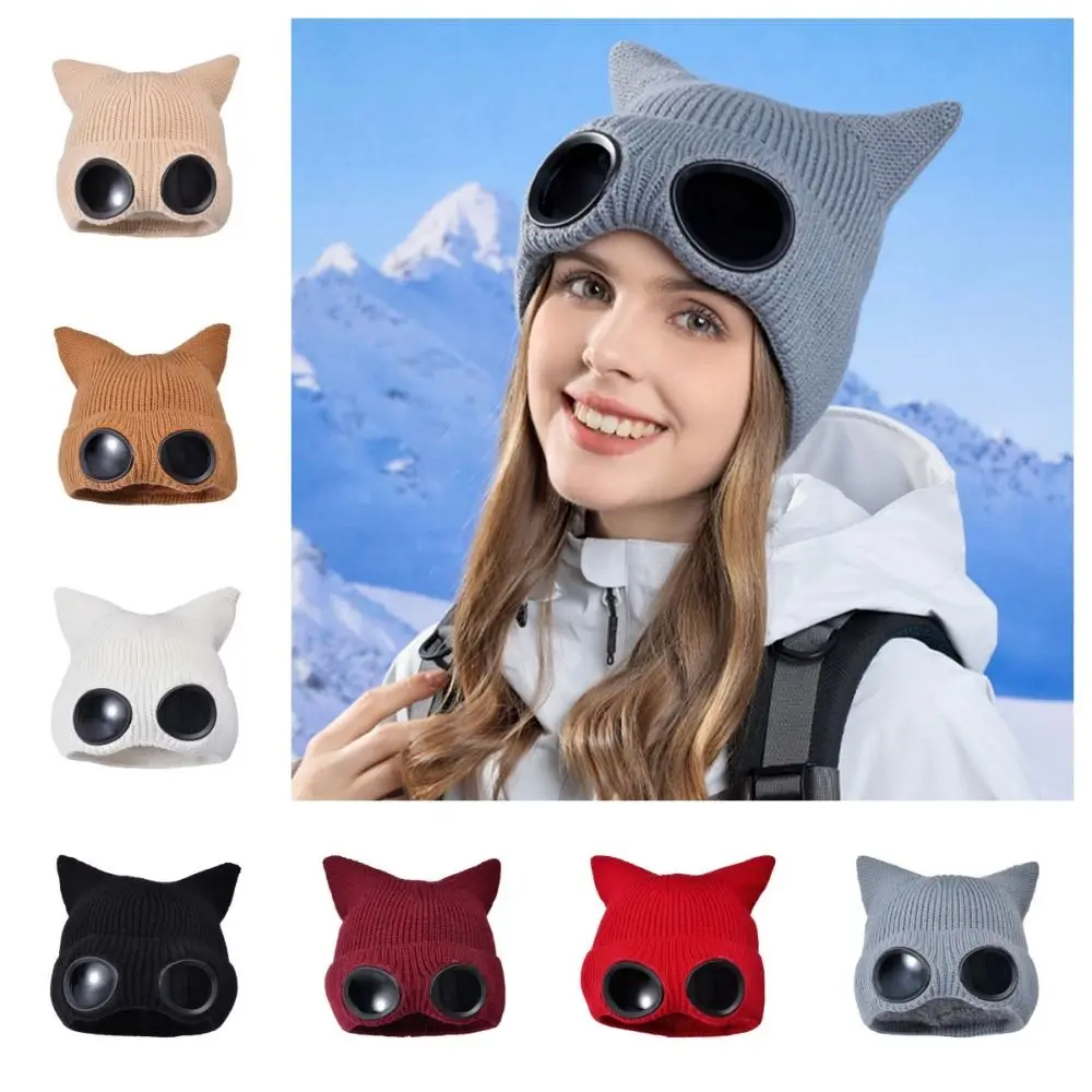 Removable Glasses Winter Glasses Caps Windproof Wear-resistant Warm Ski Mask Hats Cat Ears Thickened Head Knitted Hat Sports