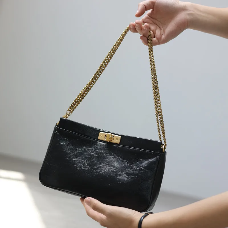 Real Leather Chain Crossbody Bag For Women Luxury Designer Commuting Shoulder Bags Black Soft Versatile Cowhide Handbag Fashion