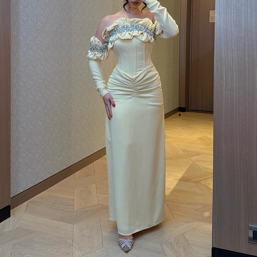 

A-line Mermaid Evening Dresses Ankle-length Strapless Full Sleeve Prom Gown Fashion Crystal Beading Draped Customized Gowns