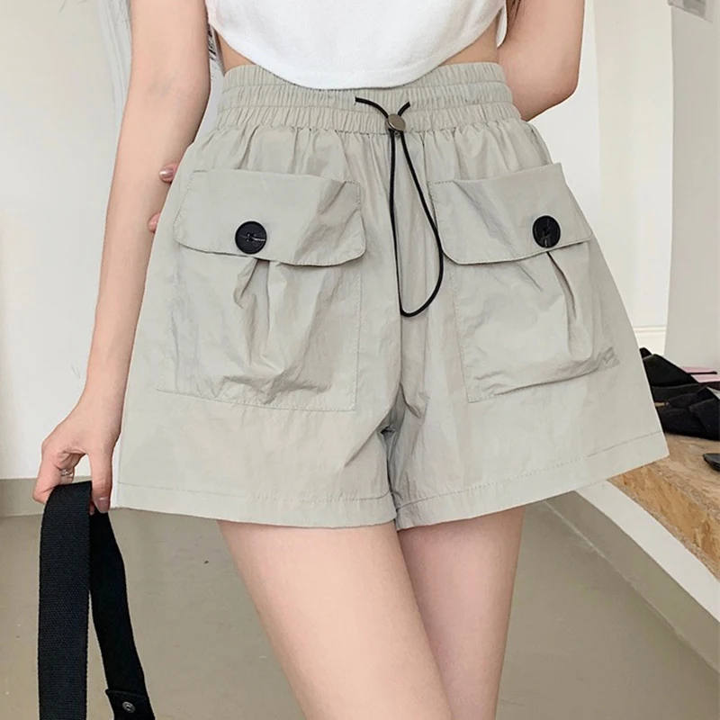 

High Waist Drawstring Cargo Shorts Women Fashion Streetwear Big Pocket Short Trousers Female Summer Loose Wide-Leg Shorts Mujer