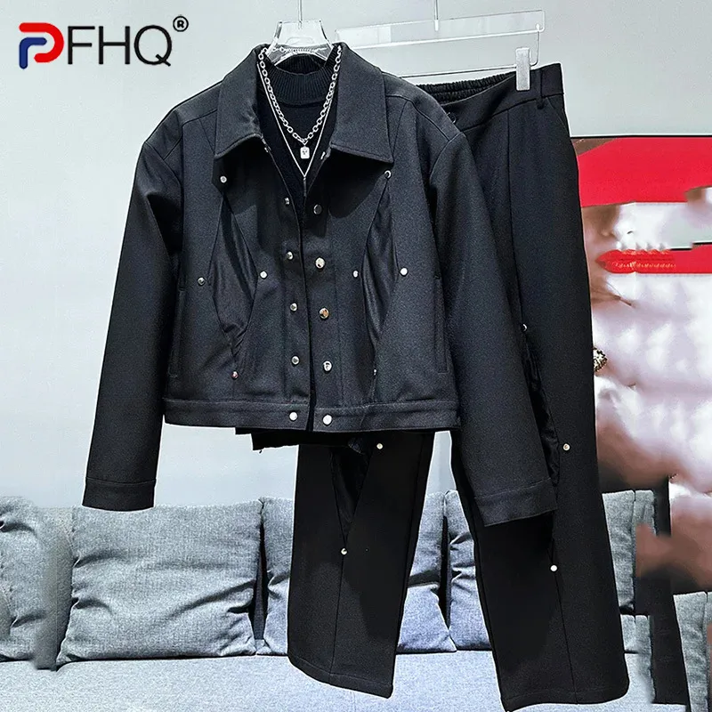 

PFHQ New Versatile Metal Deconstructed Casual Jacket Two-piece Sets Trendy Mesh Splicing Design Men's Clothing Set 21Z5407