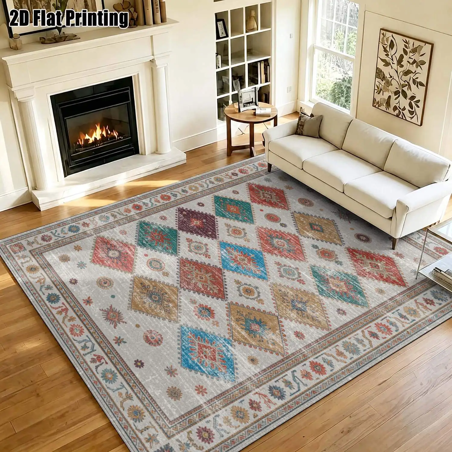 1Pc 2D Printed Gray Retro Ethnic Pattern Carpet, European/Bohemian Style, Machine Washable, Ideal for Home Decor & Multi-Scenario Use